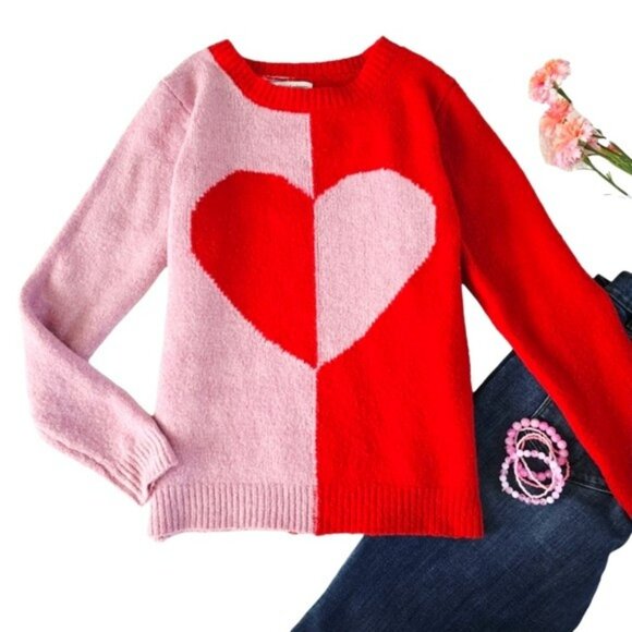 Cupcakes & Cashmere Women's Sweater Size XS Red Pink Colorblock Heart Retro - Picture 1 of 11